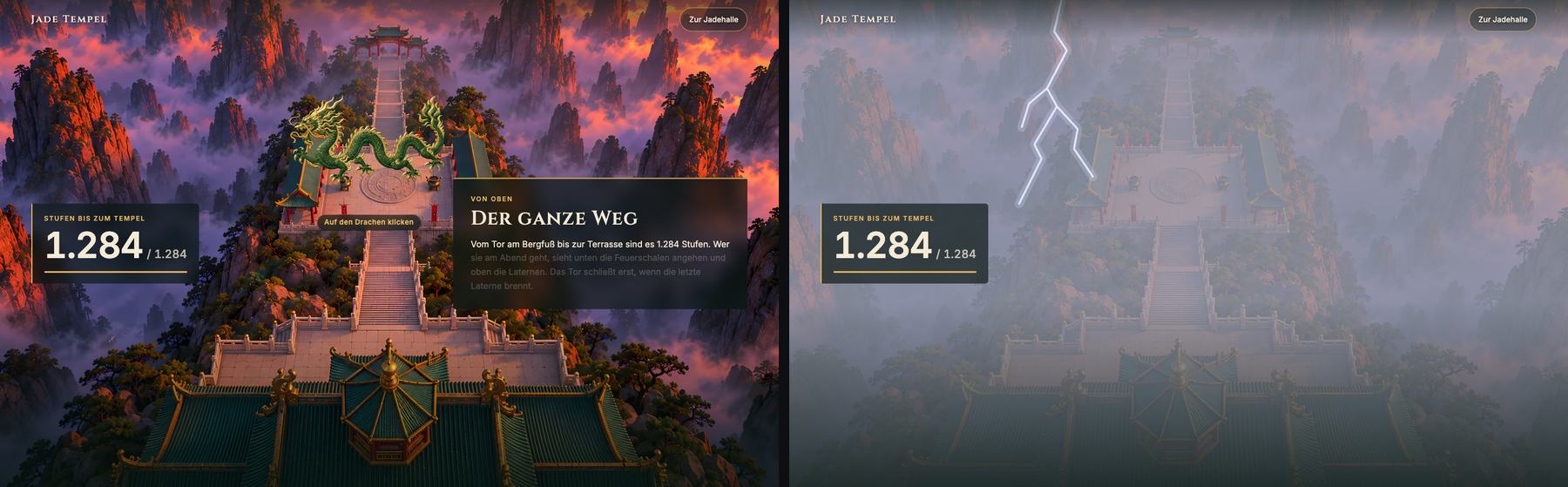 Jade Tempel — Links der flache Drache über der Draufsicht (v0.6.1), rechts das Gewitter, hinter dem er heute erscheint (v0.8)