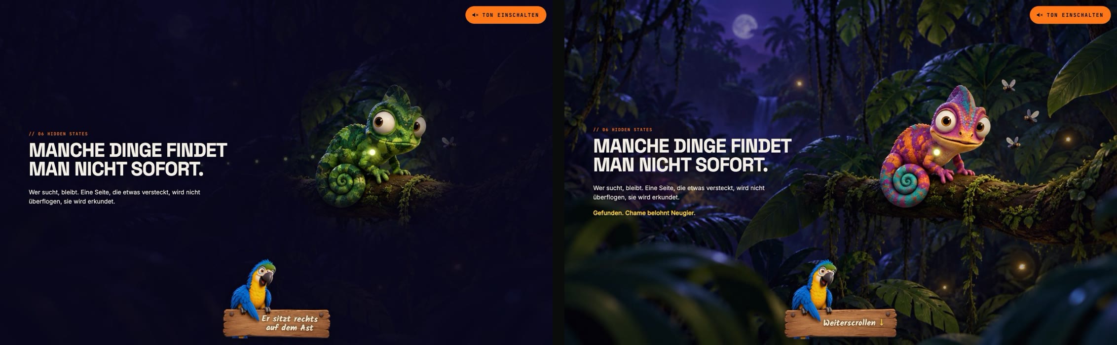 The Next Adventure — The torch: on the left the light only finds the animal, on the right one click has found it