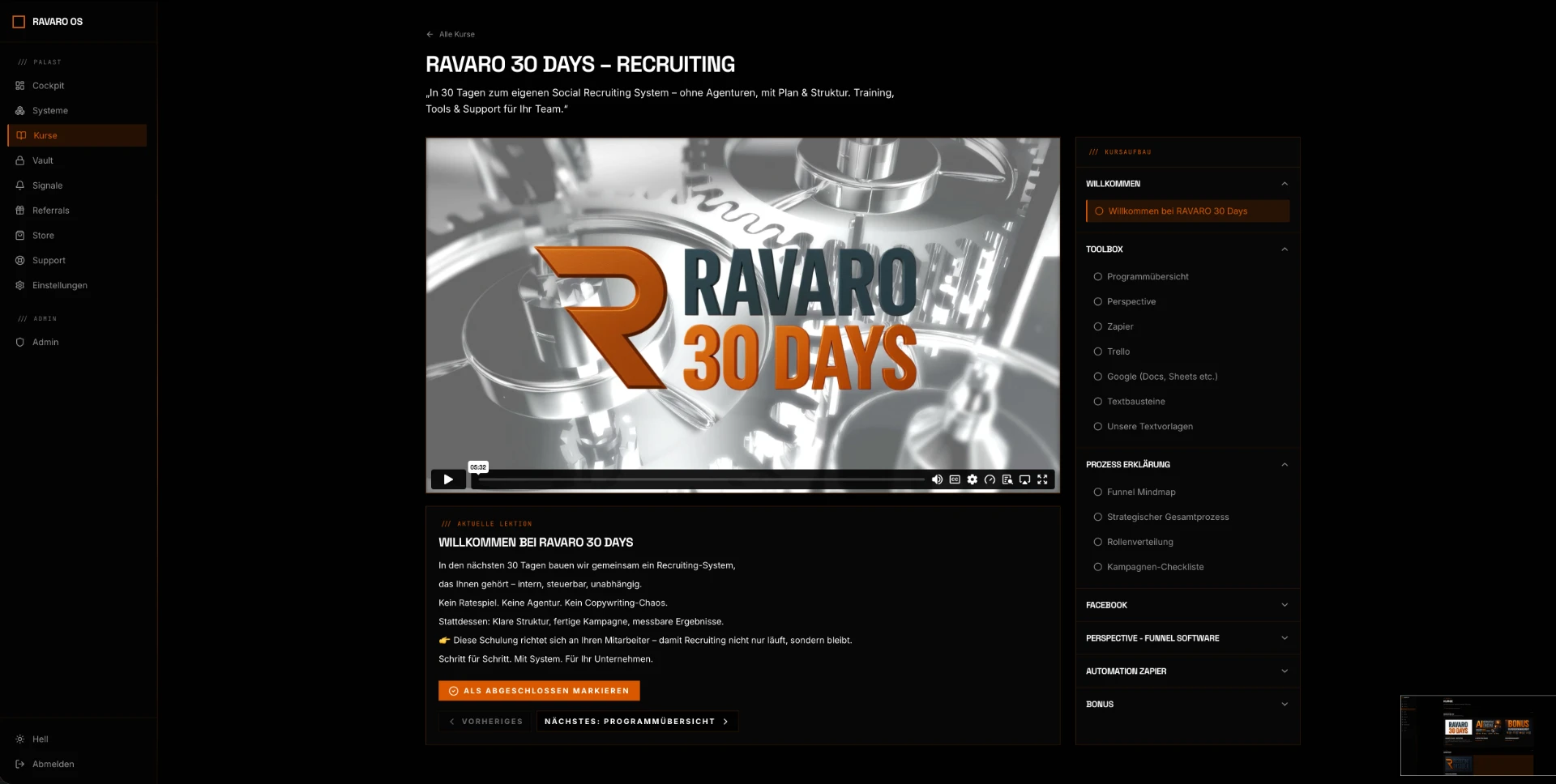 RAVARO OS client portal — RAVARO 30 Days recruiting course