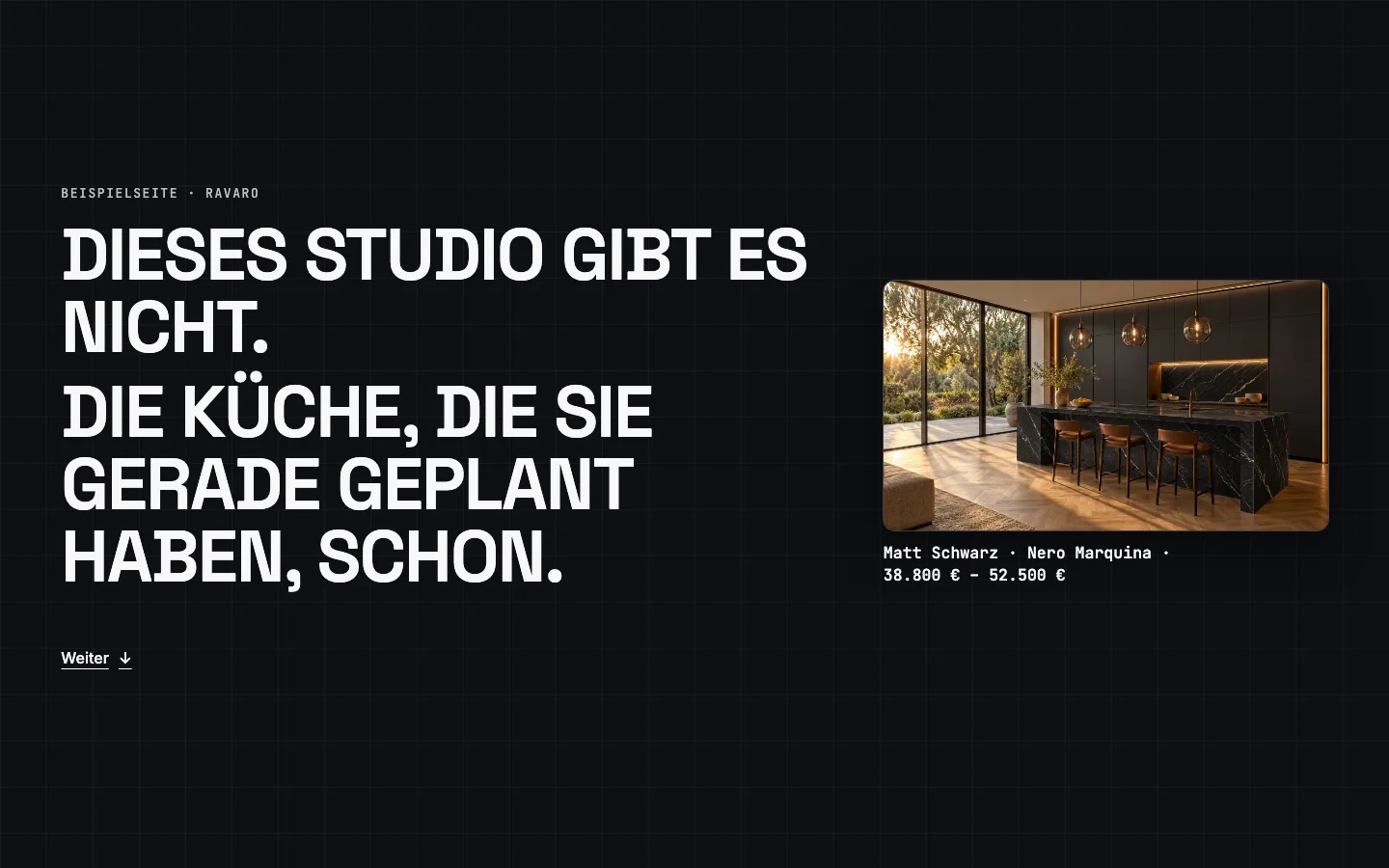 Werrewerk Küchen — The twist at the end shows the visitor's own kitchen: front, stone and price range they just chose.