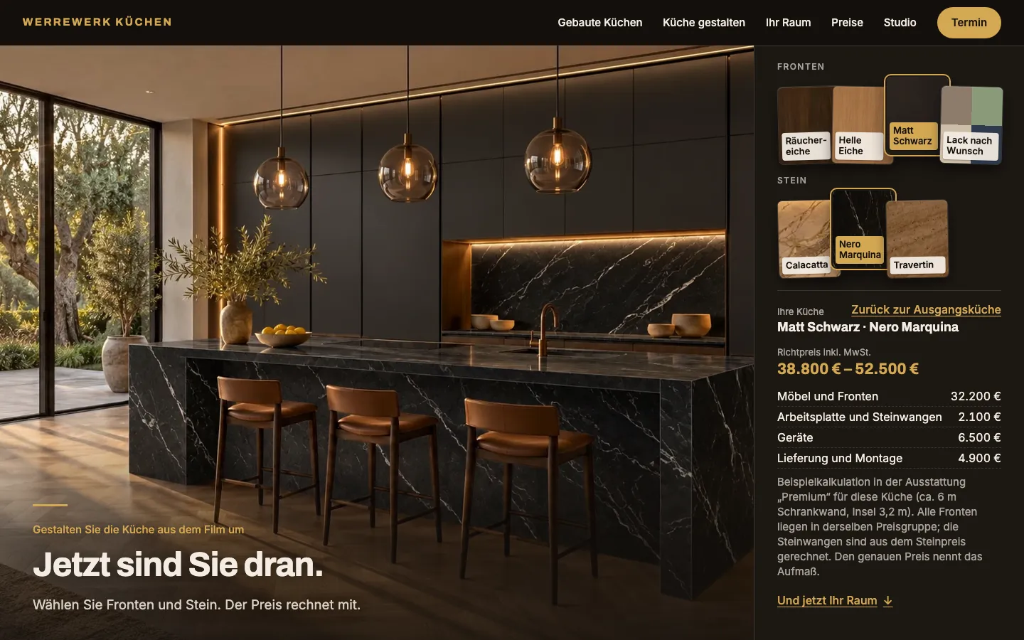 Werrewerk Küchen — The colour choice with its own entrance: fronts and stone as sample boards, the price changes with every choice.