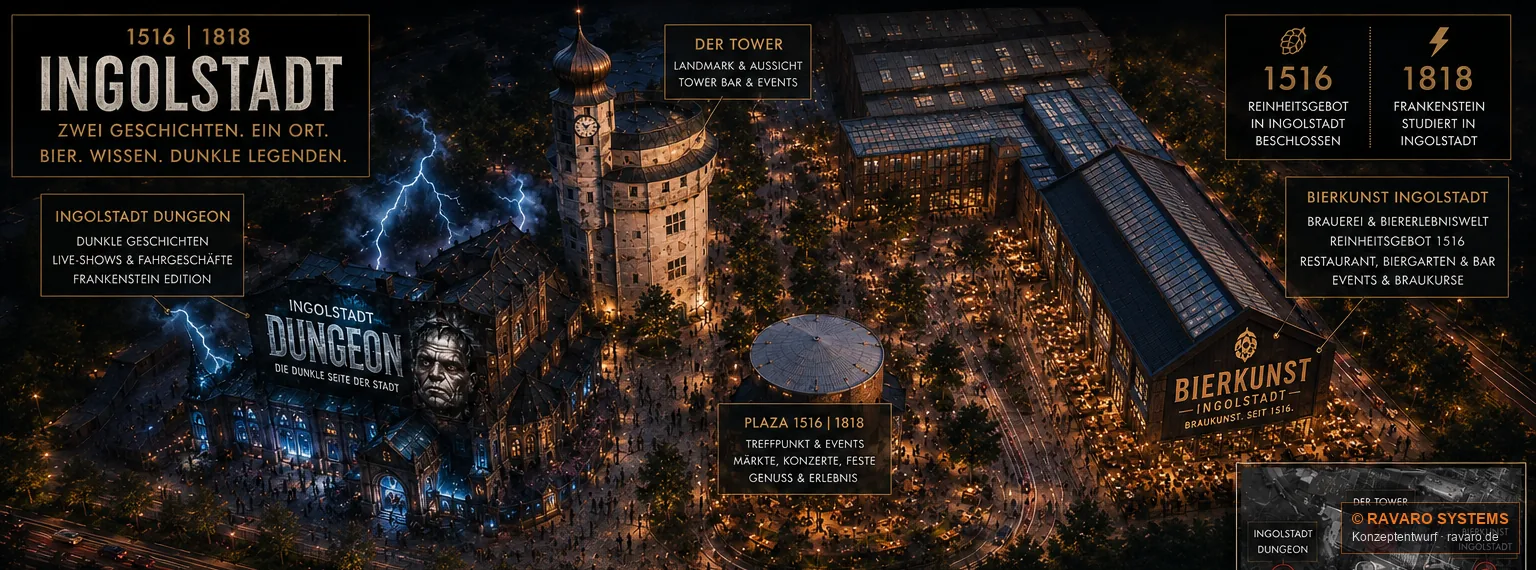 1516 | 1776 | 1818 Ingolstadt — Das Quartier im Zusammenhang: links das Dungeon, in der Mitte Turm und Plaza, rechts die Bierkunst — und ringsherum die Stadt, die schon da ist.