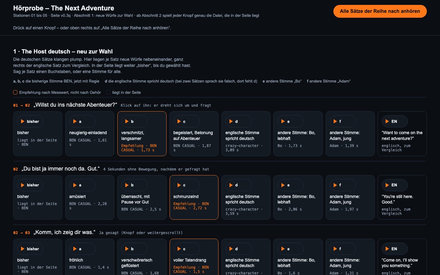 The Next Adventure — The listening page: every line in every version, decided by ear in two minutes