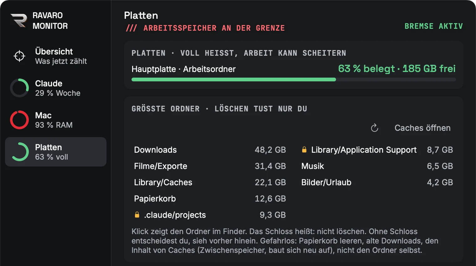 Platten: Zeigt die größten Ordner und führt per Klick dorthin.
