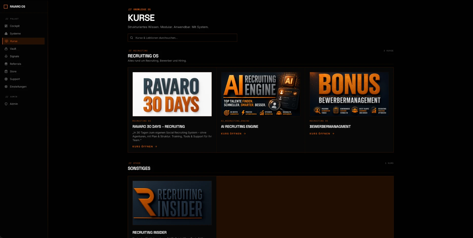RAVARO OS client portal — course library inside Recruiting OS