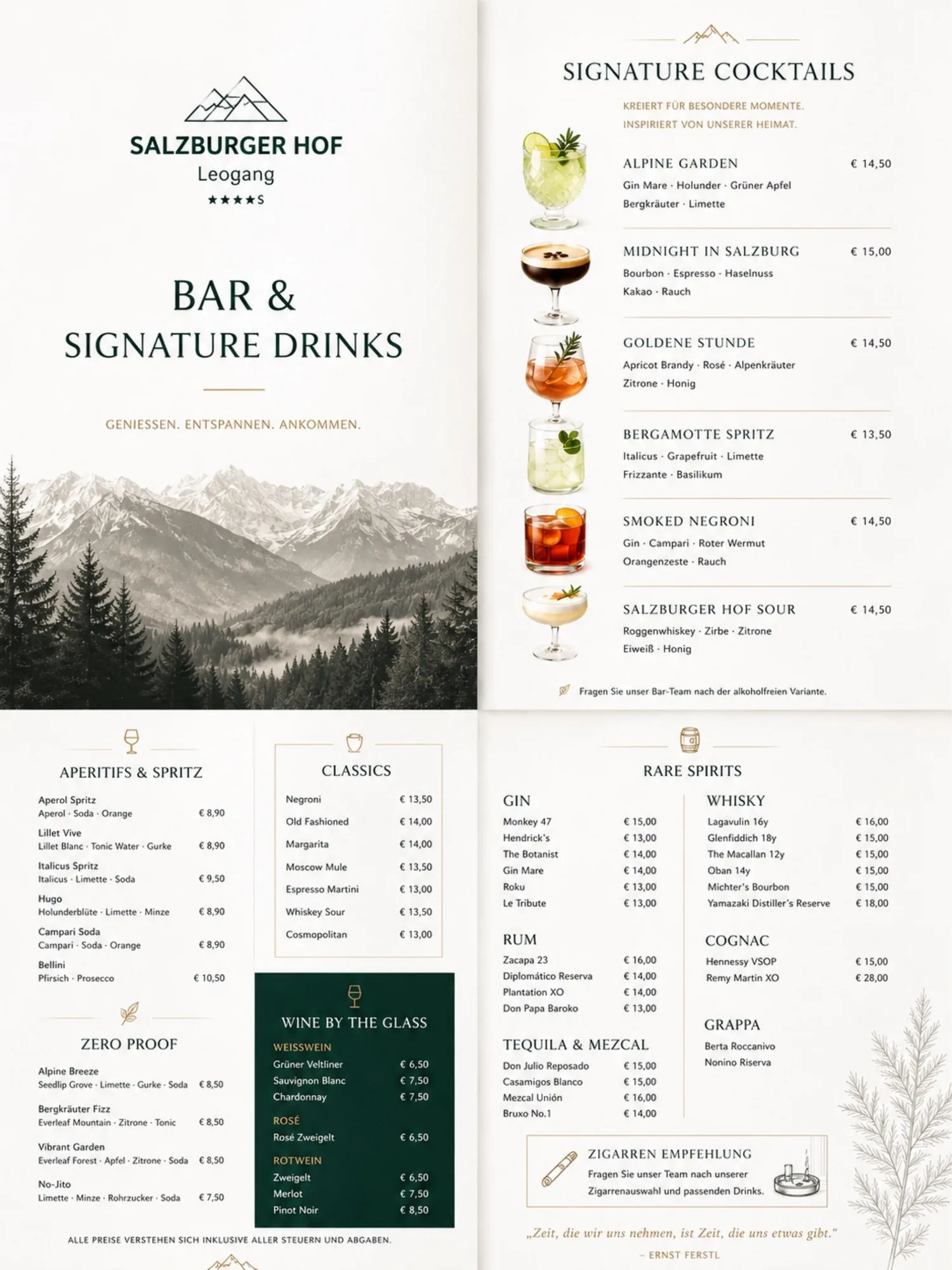 Salzburger Hof, Leogang — Die Karte, wie wir sie vorgelegt haben: Signature Drinks, Klassiker, Wein im Glas, alkoholfrei und die Rare Spirits — auf zwei Seiten lesbar, ohne dass ein Gast blättern muss.