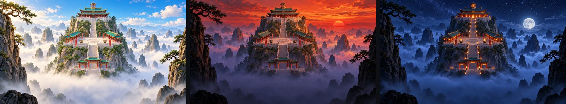 Jade Tempel — Das Grundbild in drei Lichtfassungen: Tag, Abend, Nacht
